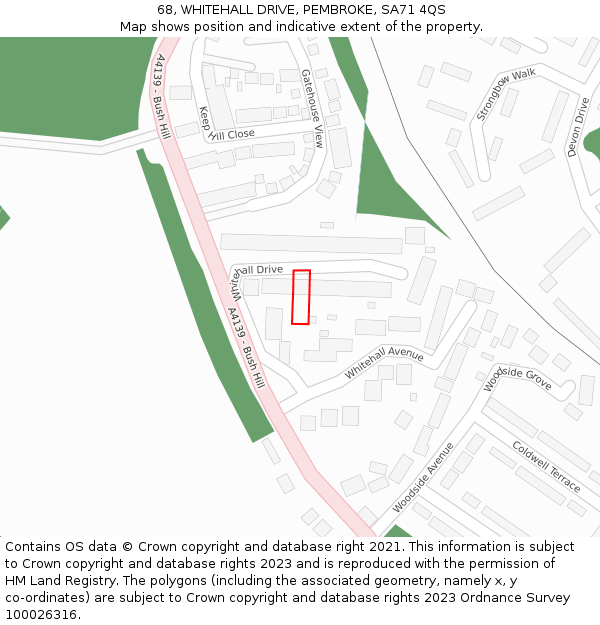 68, WHITEHALL DRIVE, PEMBROKE, SA71 4QS: Location map and indicative extent of plot