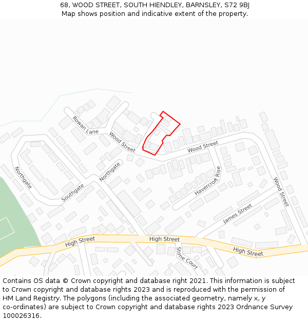 68, WOOD STREET, SOUTH HIENDLEY, BARNSLEY, S72 9BJ: Location map and indicative extent of plot