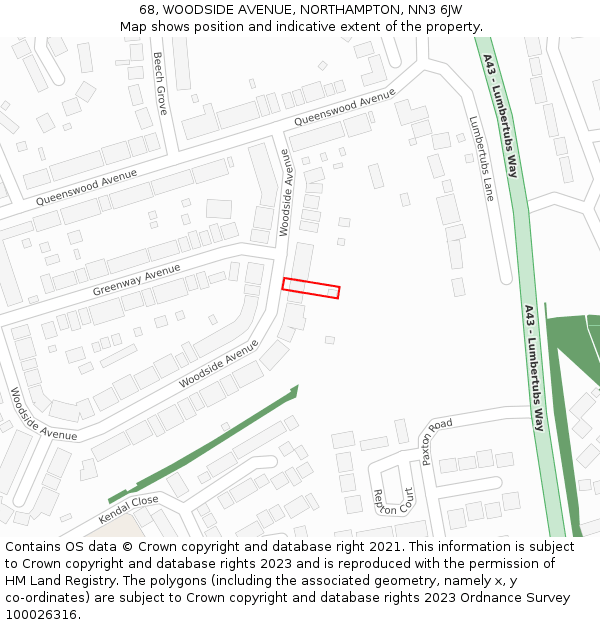 68, WOODSIDE AVENUE, NORTHAMPTON, NN3 6JW: Location map and indicative extent of plot