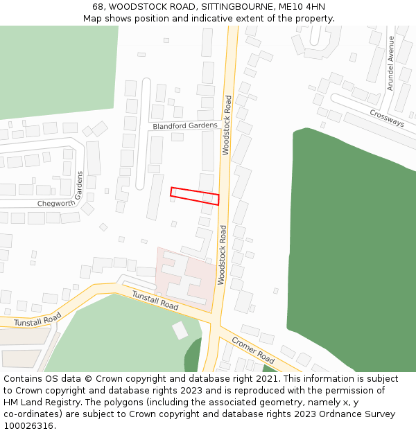 68, WOODSTOCK ROAD, SITTINGBOURNE, ME10 4HN: Location map and indicative extent of plot