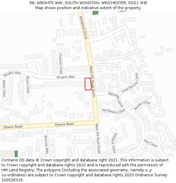 68, WRIGHTS WAY, SOUTH WONSTON, WINCHESTER, SO21 3HE: Location map and indicative extent of plot