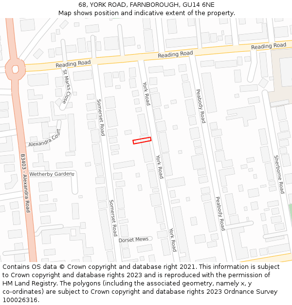 68, YORK ROAD, FARNBOROUGH, GU14 6NE: Location map and indicative extent of plot