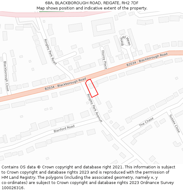 68A, BLACKBOROUGH ROAD, REIGATE, RH2 7DF: Location map and indicative extent of plot