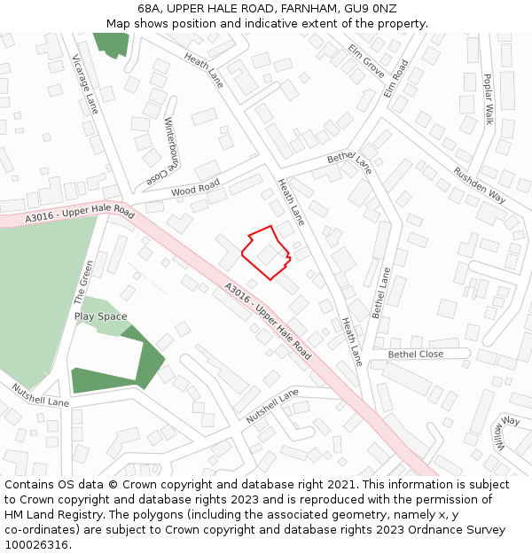 68A, UPPER HALE ROAD, FARNHAM, GU9 0NZ: Location map and indicative extent of plot
