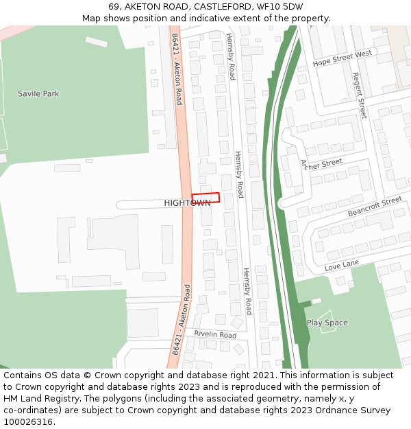 69, AKETON ROAD, CASTLEFORD, WF10 5DW: Location map and indicative extent of plot