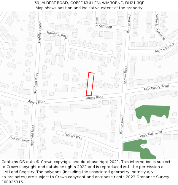 69, ALBERT ROAD, CORFE MULLEN, WIMBORNE, BH21 3QE: Location map and indicative extent of plot
