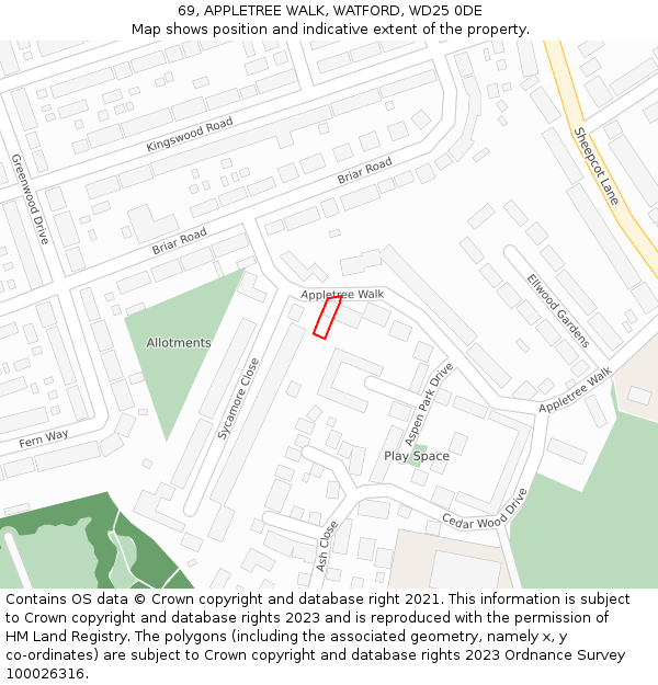 69, APPLETREE WALK, WATFORD, WD25 0DE: Location map and indicative extent of plot