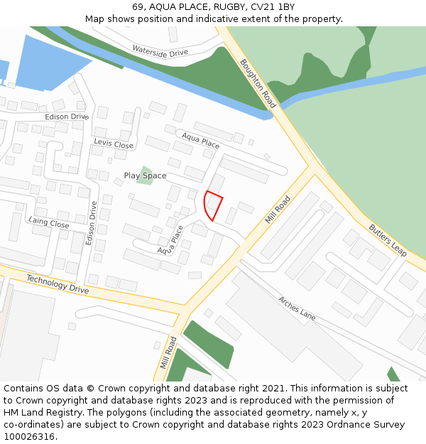 69, AQUA PLACE, RUGBY, CV21 1BY: Location map and indicative extent of plot