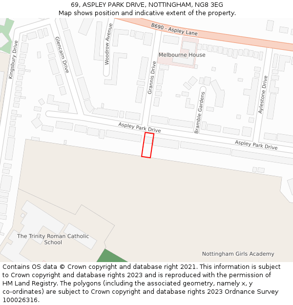 69, ASPLEY PARK DRIVE, NOTTINGHAM, NG8 3EG: Location map and indicative extent of plot