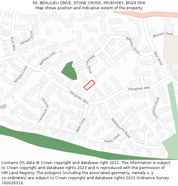 69, BEAULIEU DRIVE, STONE CROSS, PEVENSEY, BN24 5EW: Location map and indicative extent of plot