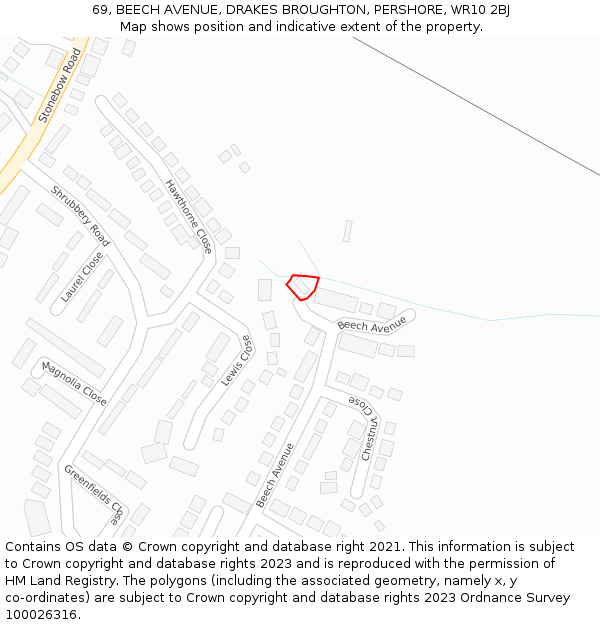 69, BEECH AVENUE, DRAKES BROUGHTON, PERSHORE, WR10 2BJ: Location map and indicative extent of plot