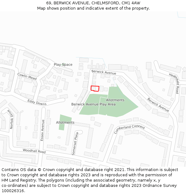 69, BERWICK AVENUE, CHELMSFORD, CM1 4AW: Location map and indicative extent of plot