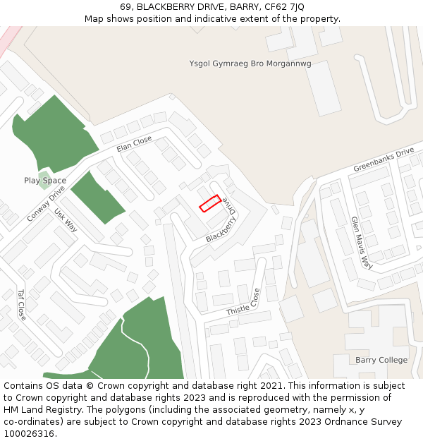 69, BLACKBERRY DRIVE, BARRY, CF62 7JQ: Location map and indicative extent of plot