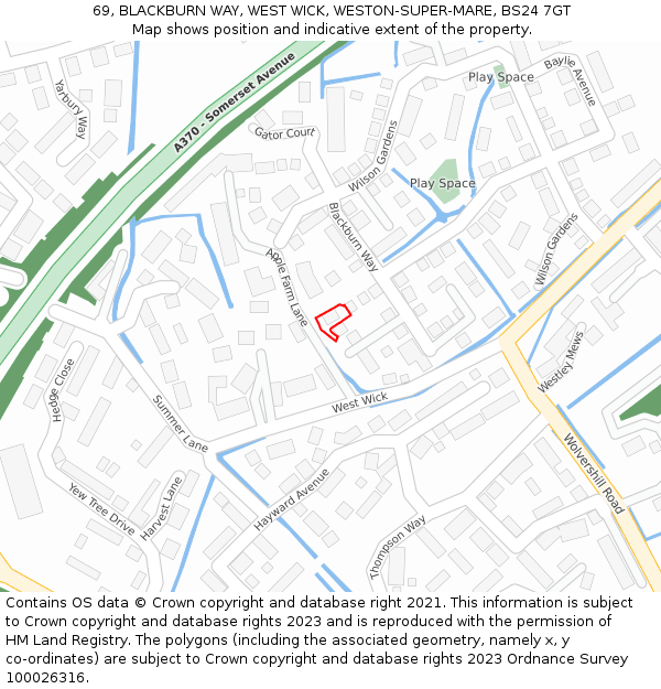 69, BLACKBURN WAY, WEST WICK, WESTON-SUPER-MARE, BS24 7GT: Location map and indicative extent of plot