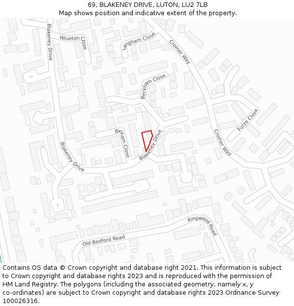 69, BLAKENEY DRIVE, LUTON, LU2 7LB: Location map and indicative extent of plot