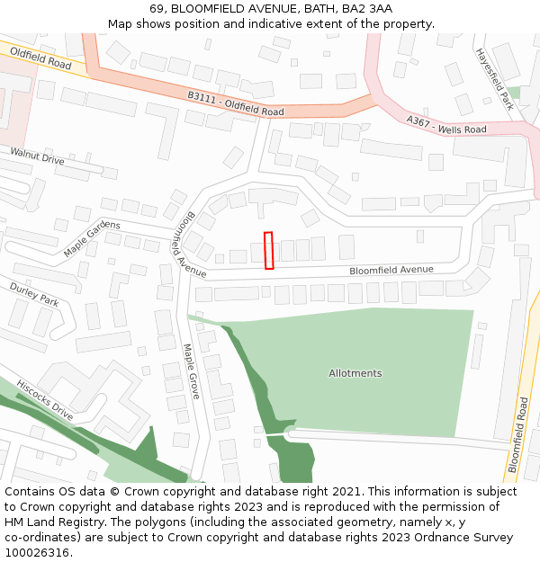 69, BLOOMFIELD AVENUE, BATH, BA2 3AA: Location map and indicative extent of plot