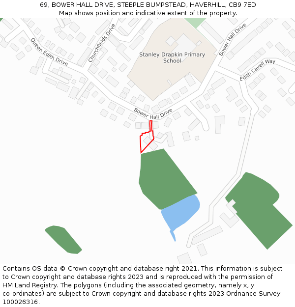69, BOWER HALL DRIVE, STEEPLE BUMPSTEAD, HAVERHILL, CB9 7ED: Location map and indicative extent of plot