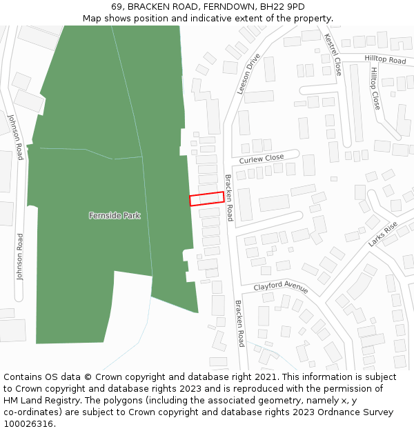 69, BRACKEN ROAD, FERNDOWN, BH22 9PD: Location map and indicative extent of plot
