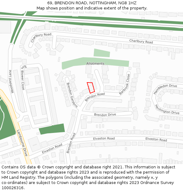 69, BRENDON ROAD, NOTTINGHAM, NG8 1HZ: Location map and indicative extent of plot