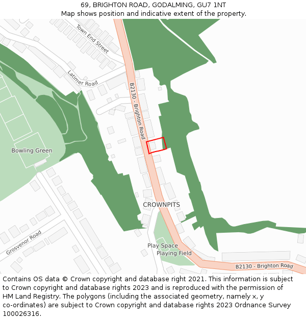69, BRIGHTON ROAD, GODALMING, GU7 1NT: Location map and indicative extent of plot