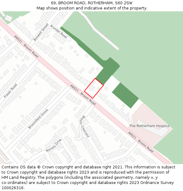 69, BROOM ROAD, ROTHERHAM, S60 2SW: Location map and indicative extent of plot