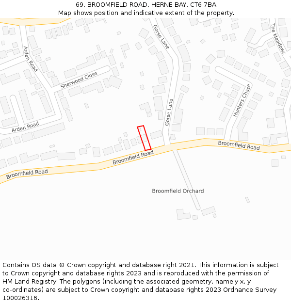 69, BROOMFIELD ROAD, HERNE BAY, CT6 7BA: Location map and indicative extent of plot