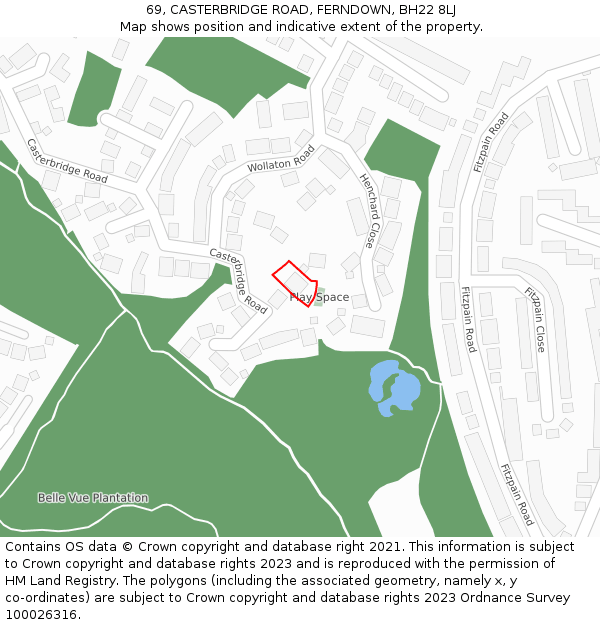 69, CASTERBRIDGE ROAD, FERNDOWN, BH22 8LJ: Location map and indicative extent of plot