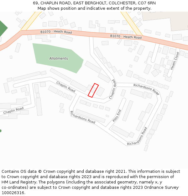 69, CHAPLIN ROAD, EAST BERGHOLT, COLCHESTER, CO7 6RN: Location map and indicative extent of plot