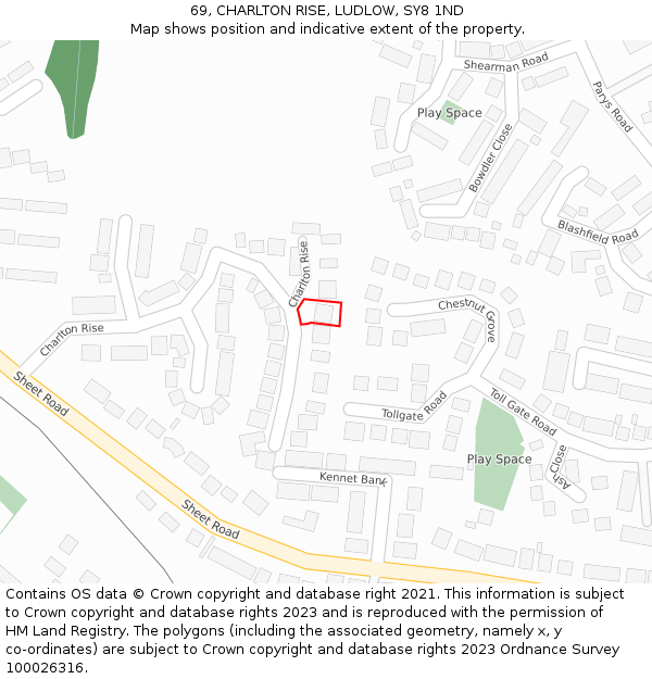 69, CHARLTON RISE, LUDLOW, SY8 1ND: Location map and indicative extent of plot