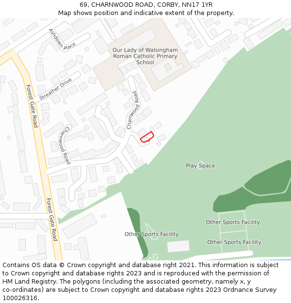69, CHARNWOOD ROAD, CORBY, NN17 1YR: Location map and indicative extent of plot