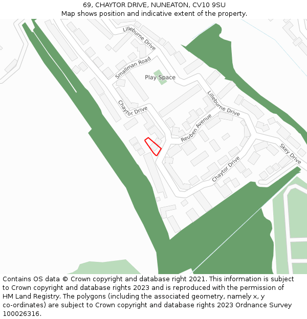 69, CHAYTOR DRIVE, NUNEATON, CV10 9SU: Location map and indicative extent of plot