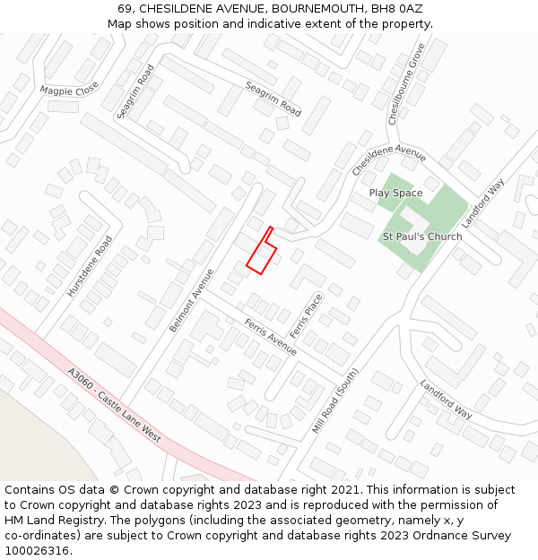 69, CHESILDENE AVENUE, BOURNEMOUTH, BH8 0AZ: Location map and indicative extent of plot