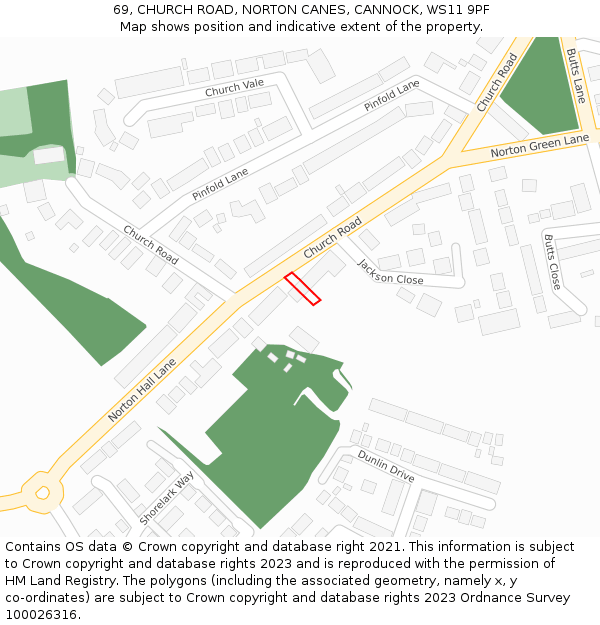 69, CHURCH ROAD, NORTON CANES, CANNOCK, WS11 9PF: Location map and indicative extent of plot