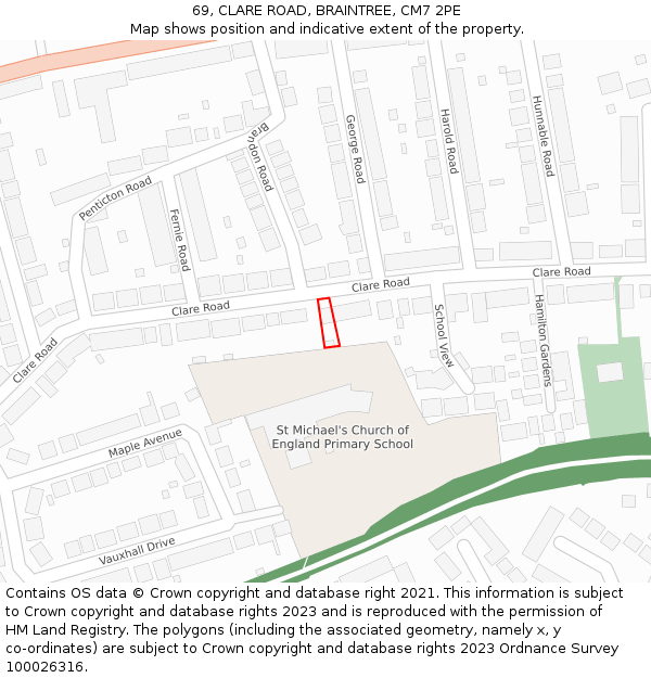 69, CLARE ROAD, BRAINTREE, CM7 2PE: Location map and indicative extent of plot