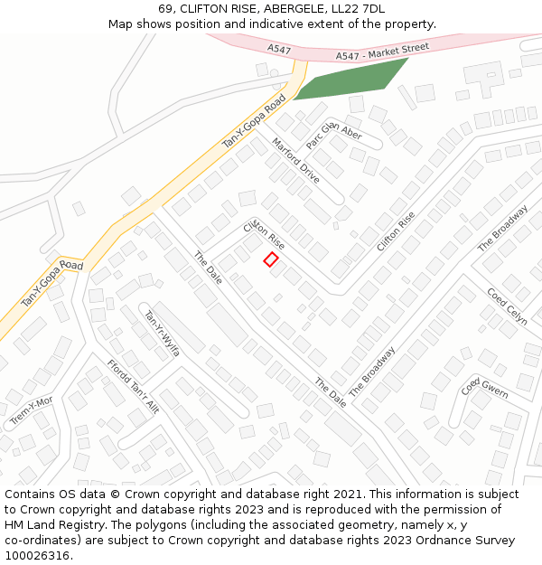 69, CLIFTON RISE, ABERGELE, LL22 7DL: Location map and indicative extent of plot