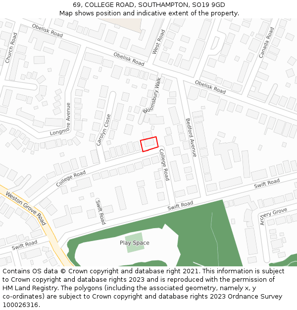 69, COLLEGE ROAD, SOUTHAMPTON, SO19 9GD: Location map and indicative extent of plot