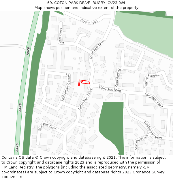 69, COTON PARK DRIVE, RUGBY, CV23 0WL: Location map and indicative extent of plot