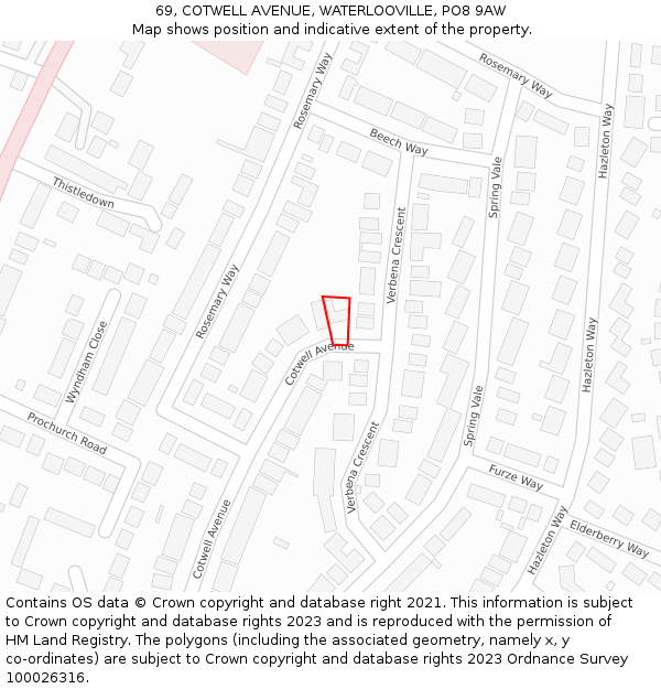 69, COTWELL AVENUE, WATERLOOVILLE, PO8 9AW: Location map and indicative extent of plot