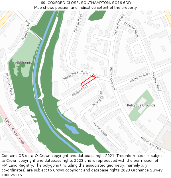 69, COXFORD CLOSE, SOUTHAMPTON, SO16 6DD: Location map and indicative extent of plot