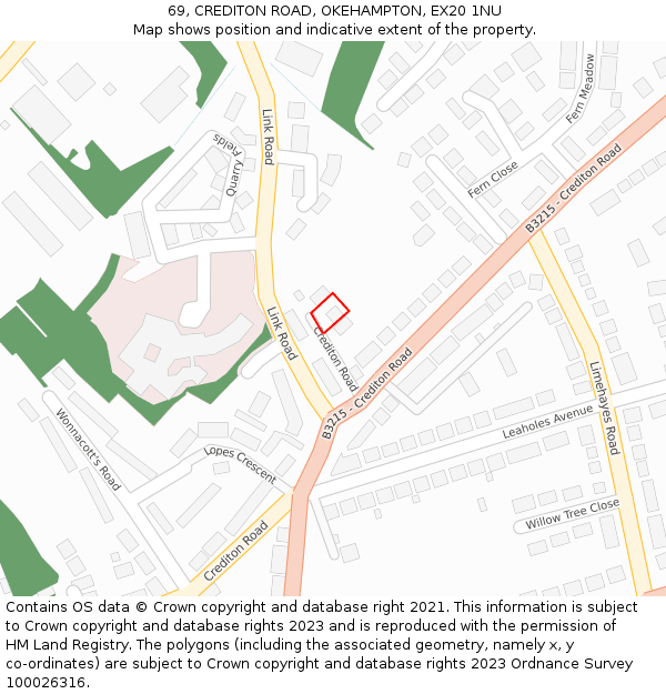 69, CREDITON ROAD, OKEHAMPTON, EX20 1NU: Location map and indicative extent of plot