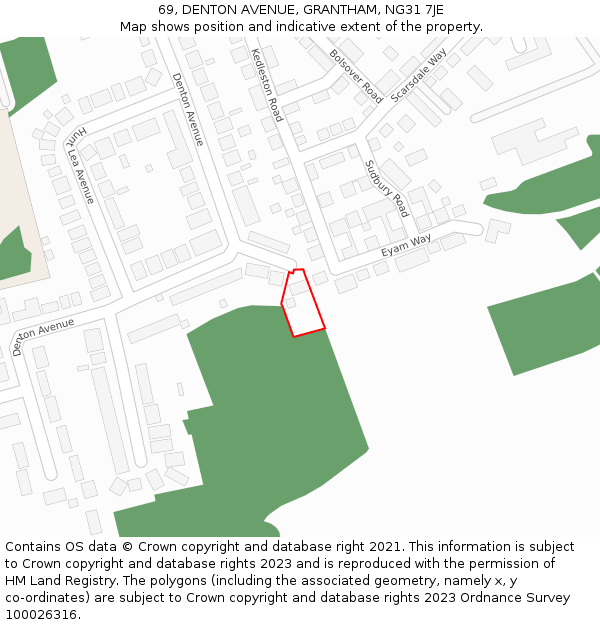 69, DENTON AVENUE, GRANTHAM, NG31 7JE: Location map and indicative extent of plot