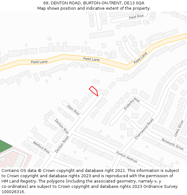 69, DENTON ROAD, BURTON-ON-TRENT, DE13 0QA: Location map and indicative extent of plot