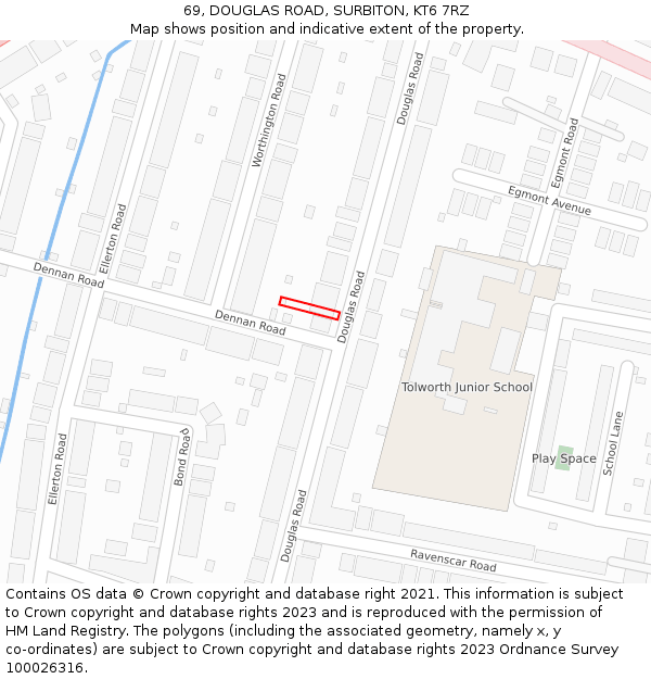 69, DOUGLAS ROAD, SURBITON, KT6 7RZ: Location map and indicative extent of plot