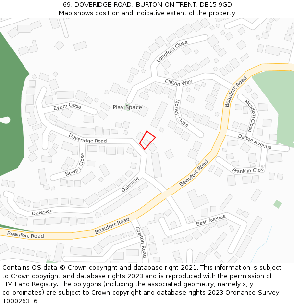 69, DOVERIDGE ROAD, BURTON-ON-TRENT, DE15 9GD: Location map and indicative extent of plot