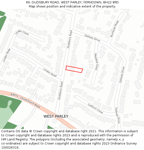 69, DUDSBURY ROAD, WEST PARLEY, FERNDOWN, BH22 8RD: Location map and indicative extent of plot