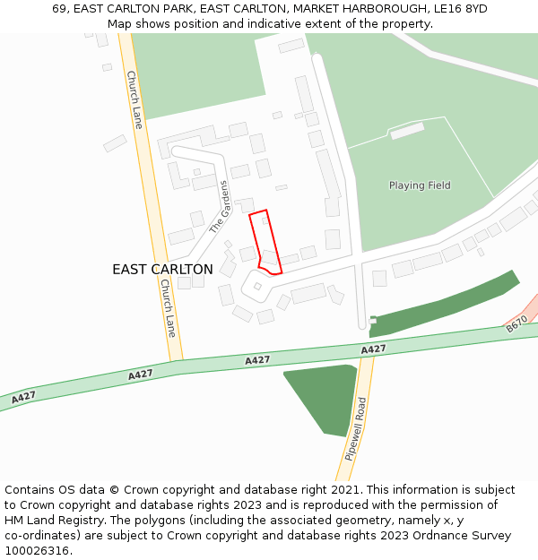 69, EAST CARLTON PARK, EAST CARLTON, MARKET HARBOROUGH, LE16 8YD: Location map and indicative extent of plot