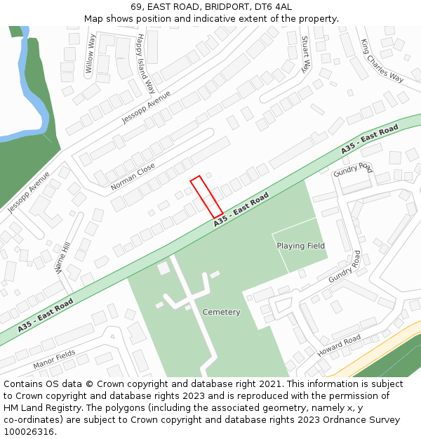 69, EAST ROAD, BRIDPORT, DT6 4AL: Location map and indicative extent of plot