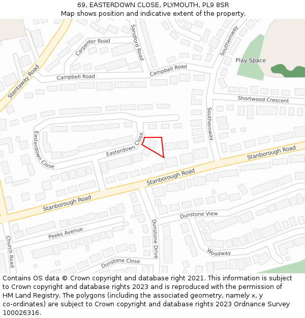 69, EASTERDOWN CLOSE, PLYMOUTH, PL9 8SR: Location map and indicative extent of plot