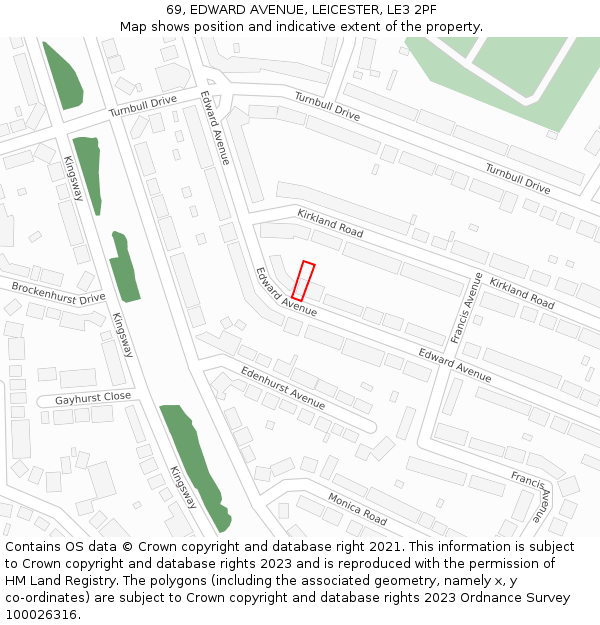 69, EDWARD AVENUE, LEICESTER, LE3 2PF: Location map and indicative extent of plot