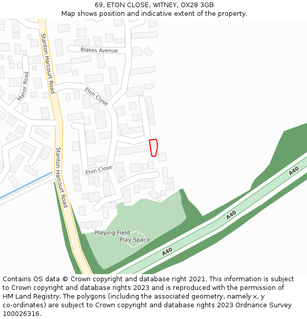 69, ETON CLOSE, WITNEY, OX28 3GB: Location map and indicative extent of plot